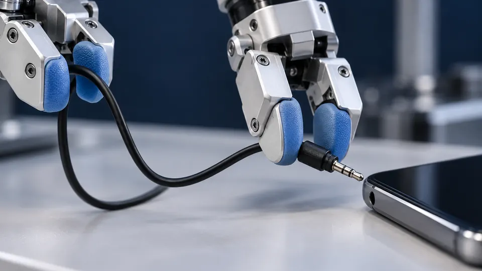 机器人通过柔性触觉指端沿线缆定位插头并对准接口的 AI 示意