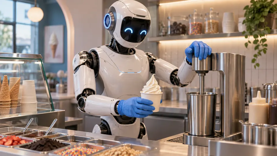 AI illustration of a robot wearing disposable nitrile gloves making ice cream at a shop counter