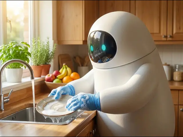 Concept illustration (home): a white service robot wearing blue disposable nitrile gloves, washing a plate in a sunlit wooden kitchen