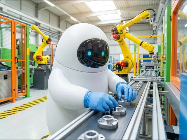 Concept illustration (industry): a white service robot wearing blue disposable nitrile gloves, inspecting metal parts on a bright production line with yellow robot arms
