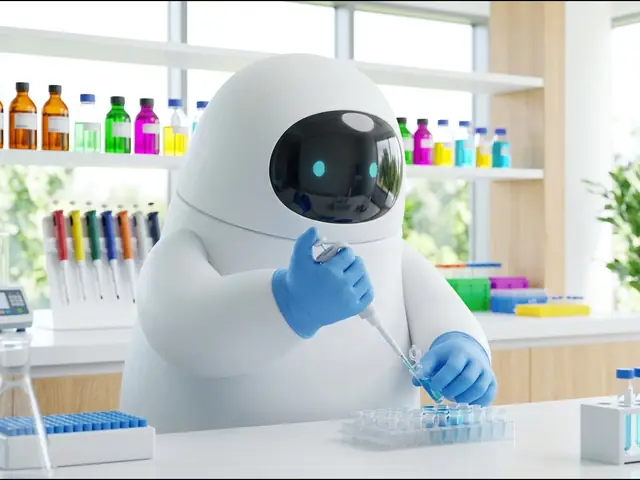 Concept illustration (laboratory): a white service robot wearing blue disposable nitrile gloves, pipetting into sample tubes at a bright lab bench with coloured reagents