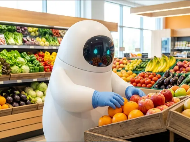 Concept illustration (supermarket): a white service robot wearing blue disposable nitrile gloves, arranging apples and oranges in a produce aisle