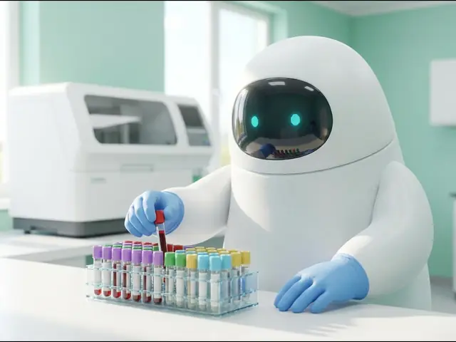 Concept illustration (medical testing): a white service robot wearing blue disposable nitrile gloves, placing a blood sample tube into a rack of colour-capped tubes in a hospital lab