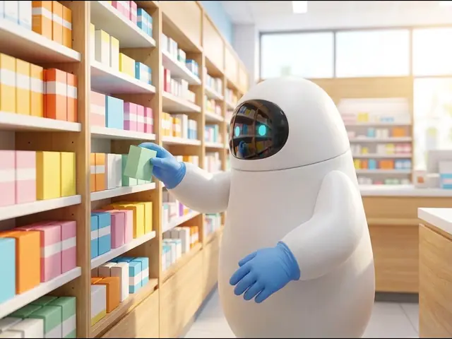 Concept illustration (pharmacy): a white service robot wearing blue disposable nitrile gloves, picking a medicine box from shelves of colourful boxes