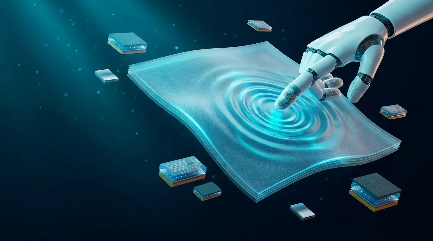 Robot hand touching a tactile material sheet